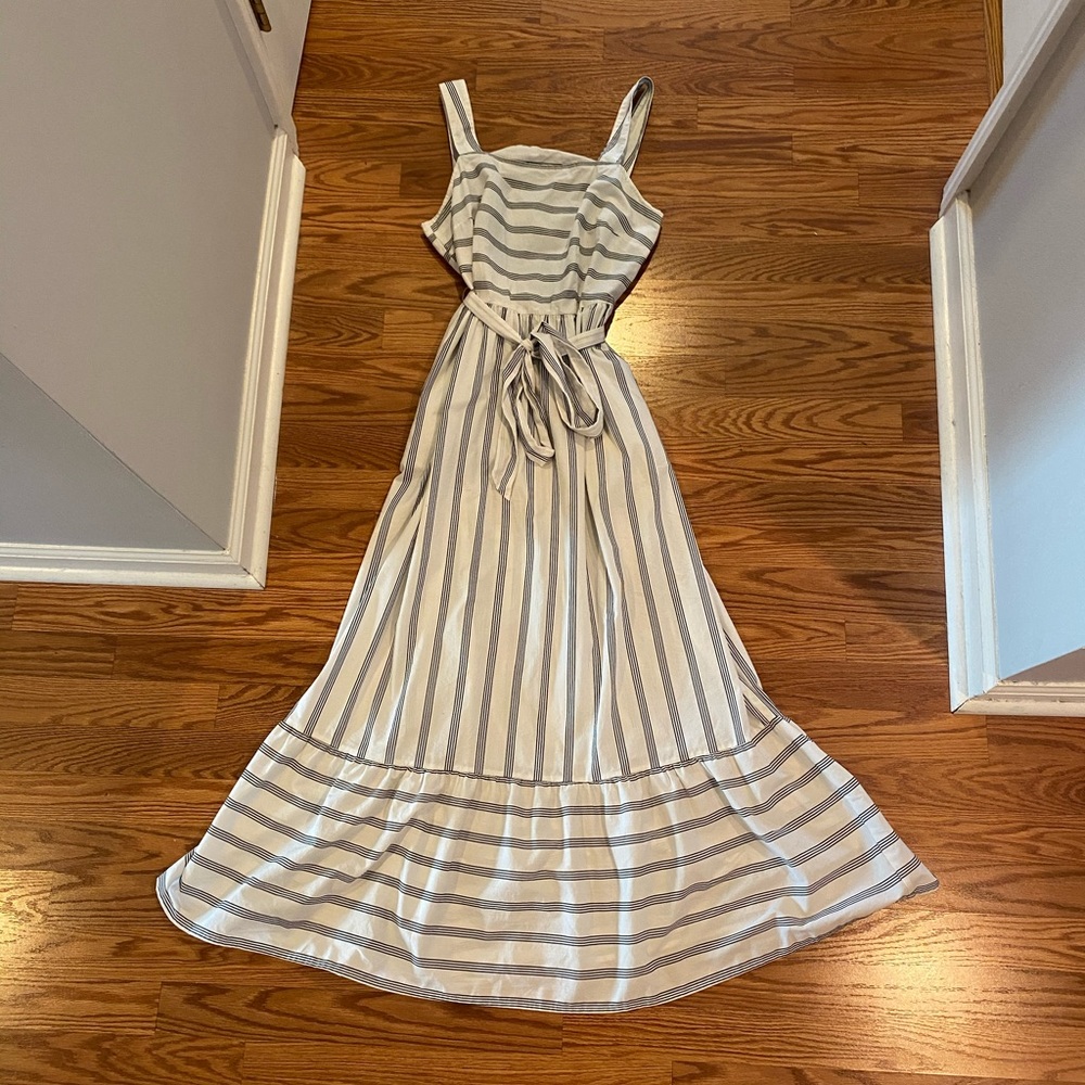 White maxi dress with black stripes